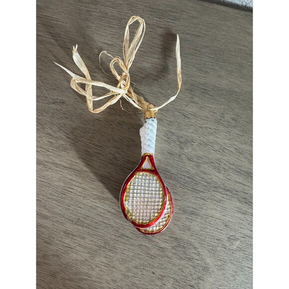 Glass Tennis Racket Christmas Ornament –‎ Red & White with Ball Detail - Picture 2 of 3